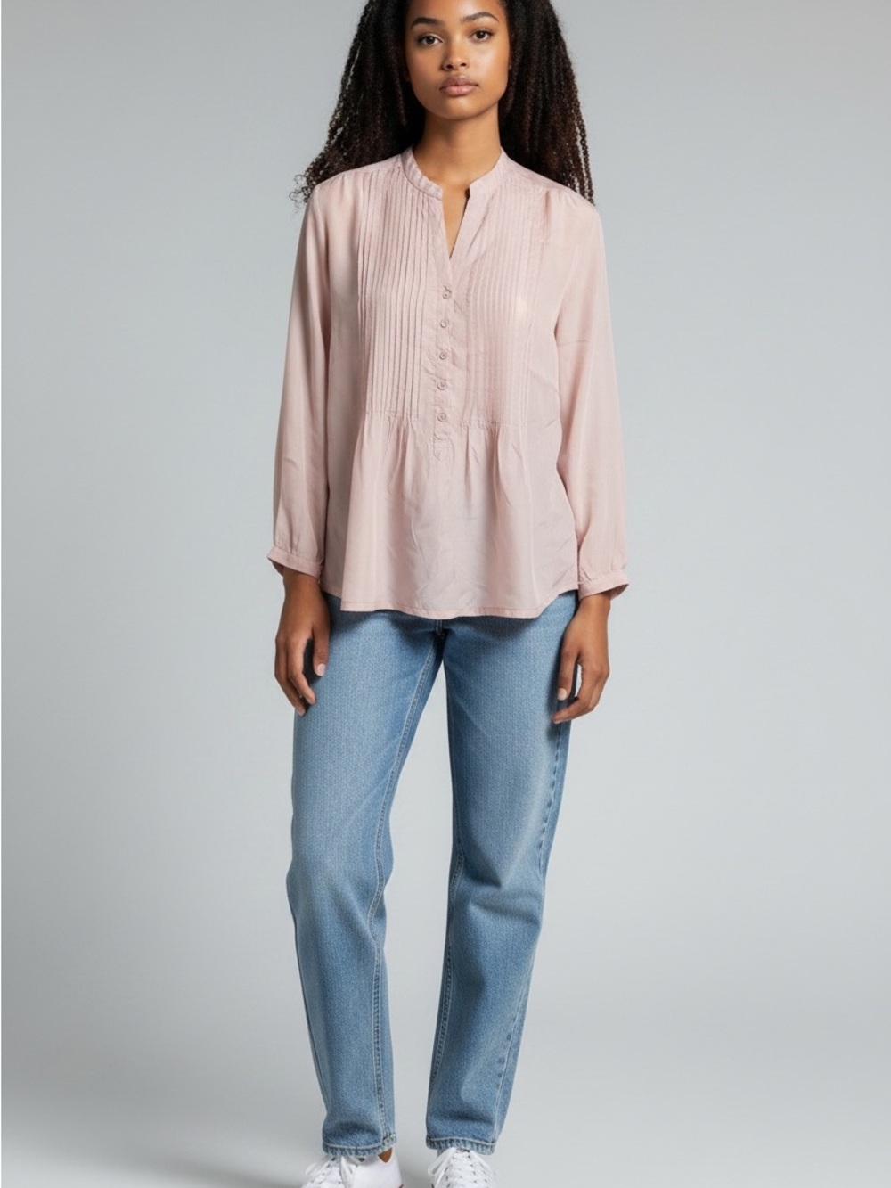 Pete & Greta Johnny Was Pink 100% Silk Button Front Pintuck Blouse Size S
